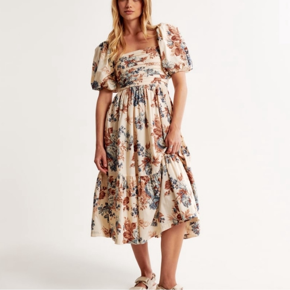 ABERCROMBIE Emerson Floral Poplin Puff Sleeves Midi Dress cream